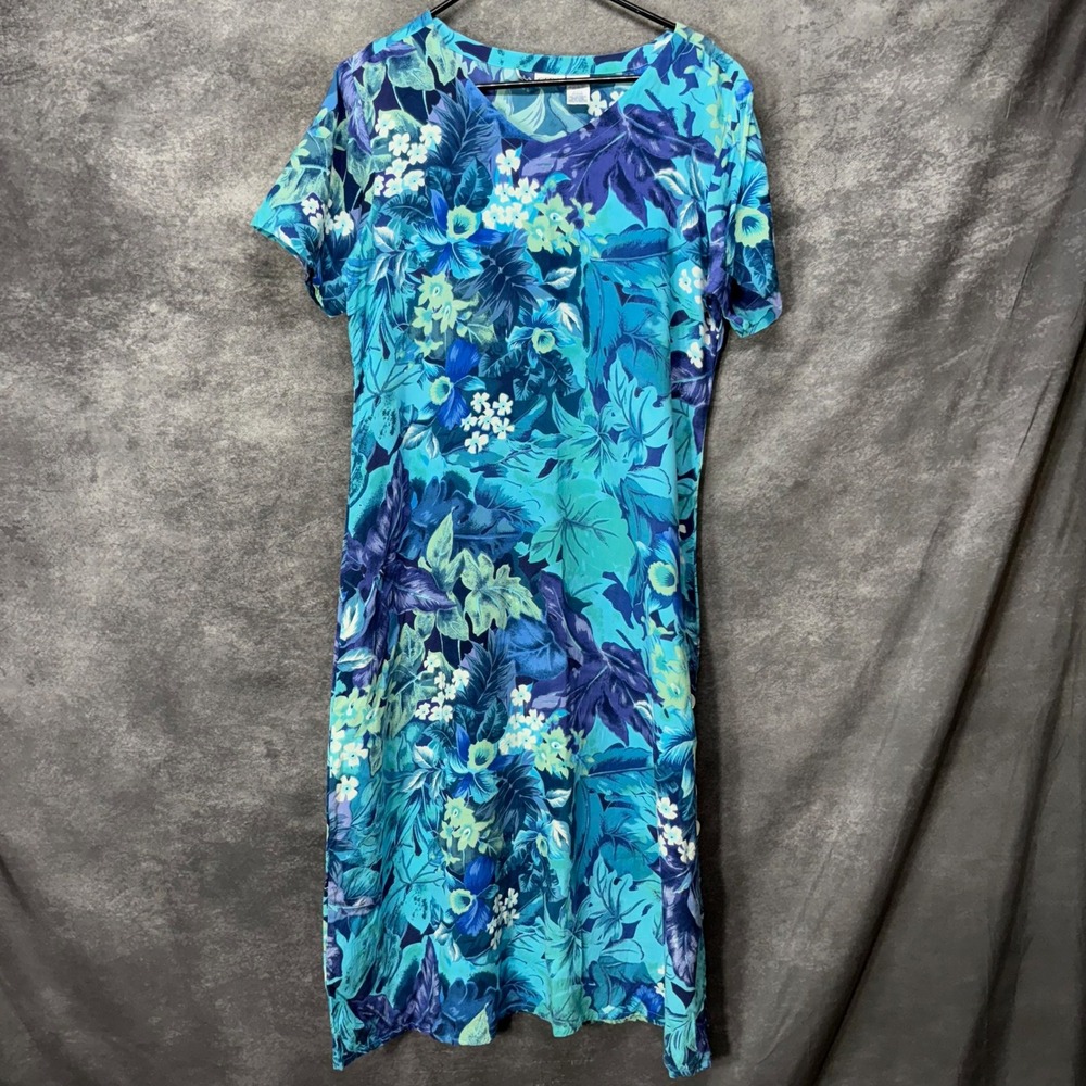 La Cera  Midi Dress Size M Blue Purple Tropical Hawaiian Floral Luau Vacation